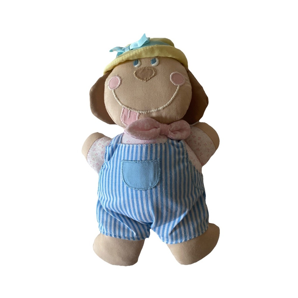 Vintage House of Hatten Puppy Dog Plush Baby Rattle Chime Embroidered Overalls